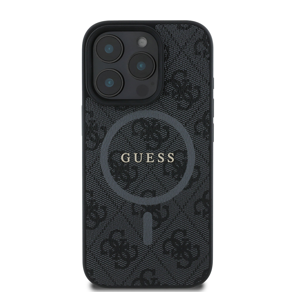 iPhone 16 Pro Max Kılıf Guess Orjinal Lisanslı M-safe Şarj Özellikli PU Halkalı 4G Desenli Yazı Logolu Kapak