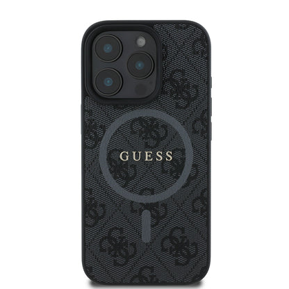iPhone 16 Pro Max Kılıf Guess Orjinal Lisanslı M-safe Şarj Özellikli PU Halkalı 4G Desenli Yazı Logolu Kapak