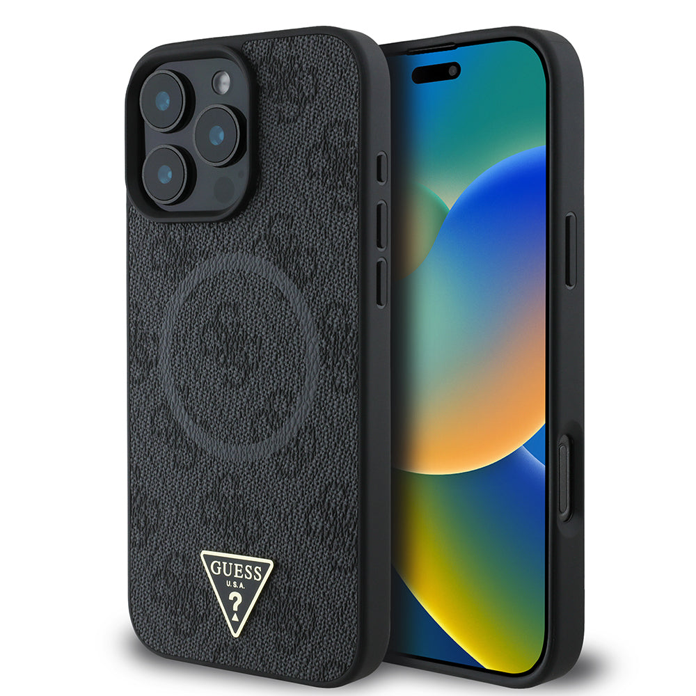 iPhone 16 Pro Max Kılıf Guess Orjinal Lisanslı M-safe Şarj Özellikli PU Üçgen Logo 4G Desenli Kapak