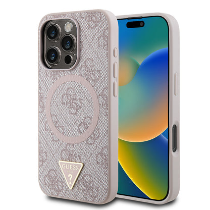 iPhone 16 Pro Max Kılıf Guess Orjinal Lisanslı M-safe Şarj Özellikli PU Üçgen Logo 4G Desenli Kapak