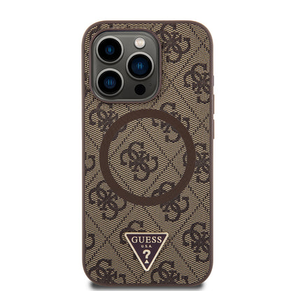 iPhone 16 Pro Max Kılıf Guess Orjinal Lisanslı M-safe Şarj Özellikli PU Üçgen Logo 4G Desenli Kapak