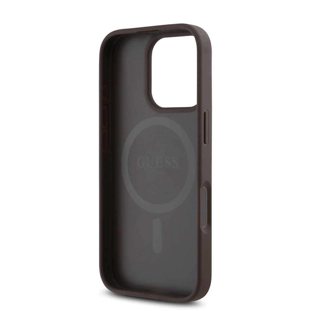iPhone 16 Pro Max Kılıf Guess Orjinal Lisanslı M-safe Şarj Özellikli PU Üçgen Logo 4G Desenli Kapak