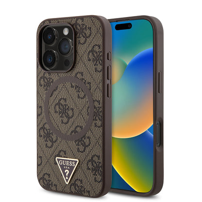 iPhone 16 Pro Max Kılıf Guess Orjinal Lisanslı M-safe Şarj Özellikli PU Üçgen Logo 4G Desenli Kapak