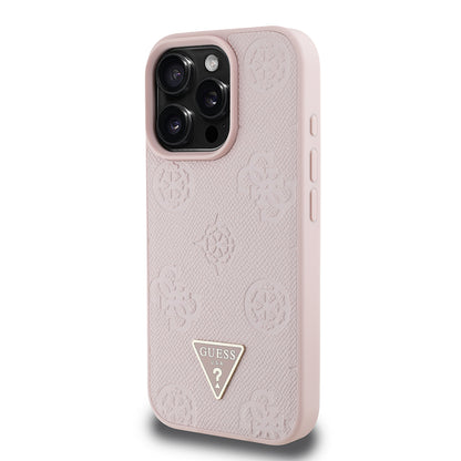 iPhone 16 Pro Max Kılıf Guess Orjinal Lisanslı M-safe Şarj Özellikli Sıcak Baskılı Üçgen Logolu PU Deri Peony Kapak