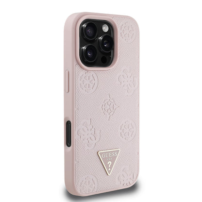 iPhone 16 Pro Max Kılıf Guess Orjinal Lisanslı M-safe Şarj Özellikli Sıcak Baskılı Üçgen Logolu PU Deri Peony Kapak