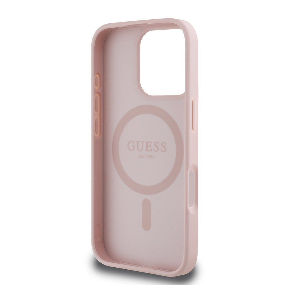 iPhone 16 Pro Max Kılıf Guess Orjinal Lisanslı M-safe Şarj Özellikli Sıcak Baskılı Üçgen Logolu PU Deri Peony Kapak