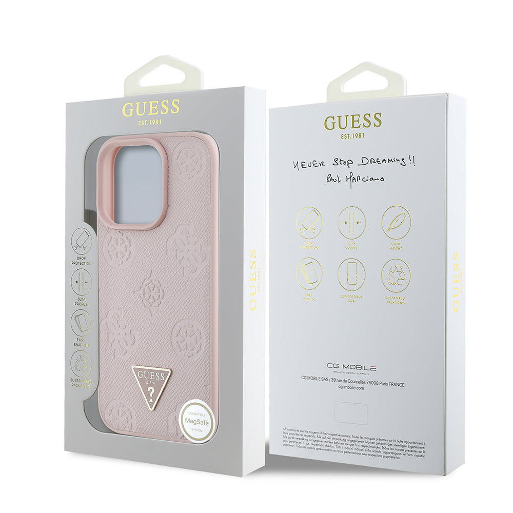 iPhone 16 Pro Max Kılıf Guess Orjinal Lisanslı M-safe Şarj Özellikli Sıcak Baskılı Üçgen Logolu PU Deri Peony Kapak