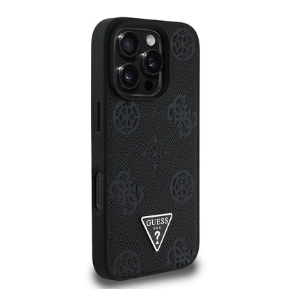 iPhone 16 Pro Max Kılıf Guess Orjinal Lisanslı M-safe Şarj Özellikli Sıcak Baskılı Üçgen Logolu PU Deri Peony Kapak