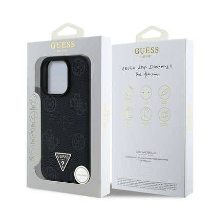 iPhone 16 Pro Max Kılıf Guess Orjinal Lisanslı M-safe Şarj Özellikli Sıcak Baskılı Üçgen Logolu PU Deri Peony Kapak