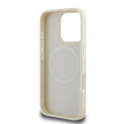 iPhone 16 Pro Max Kılıf Guess Orjinal Lisanslı M-safe Şarj Özellikli Sıcak Baskılı Üçgen Logolu PU Deri Peony Kapak