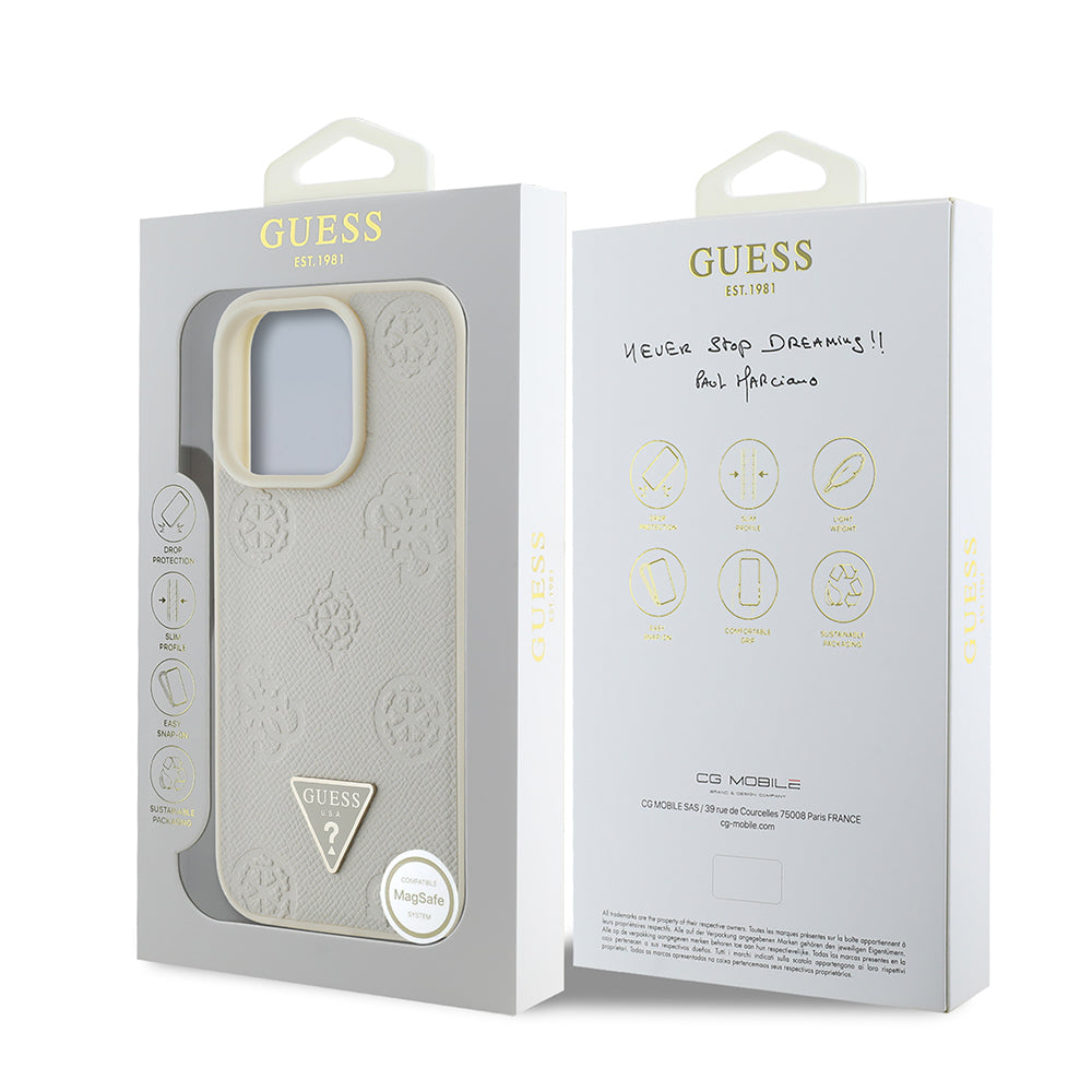 iPhone 16 Pro Max Kılıf Guess Orjinal Lisanslı M-safe Şarj Özellikli Sıcak Baskılı Üçgen Logolu PU Deri Peony Kapak