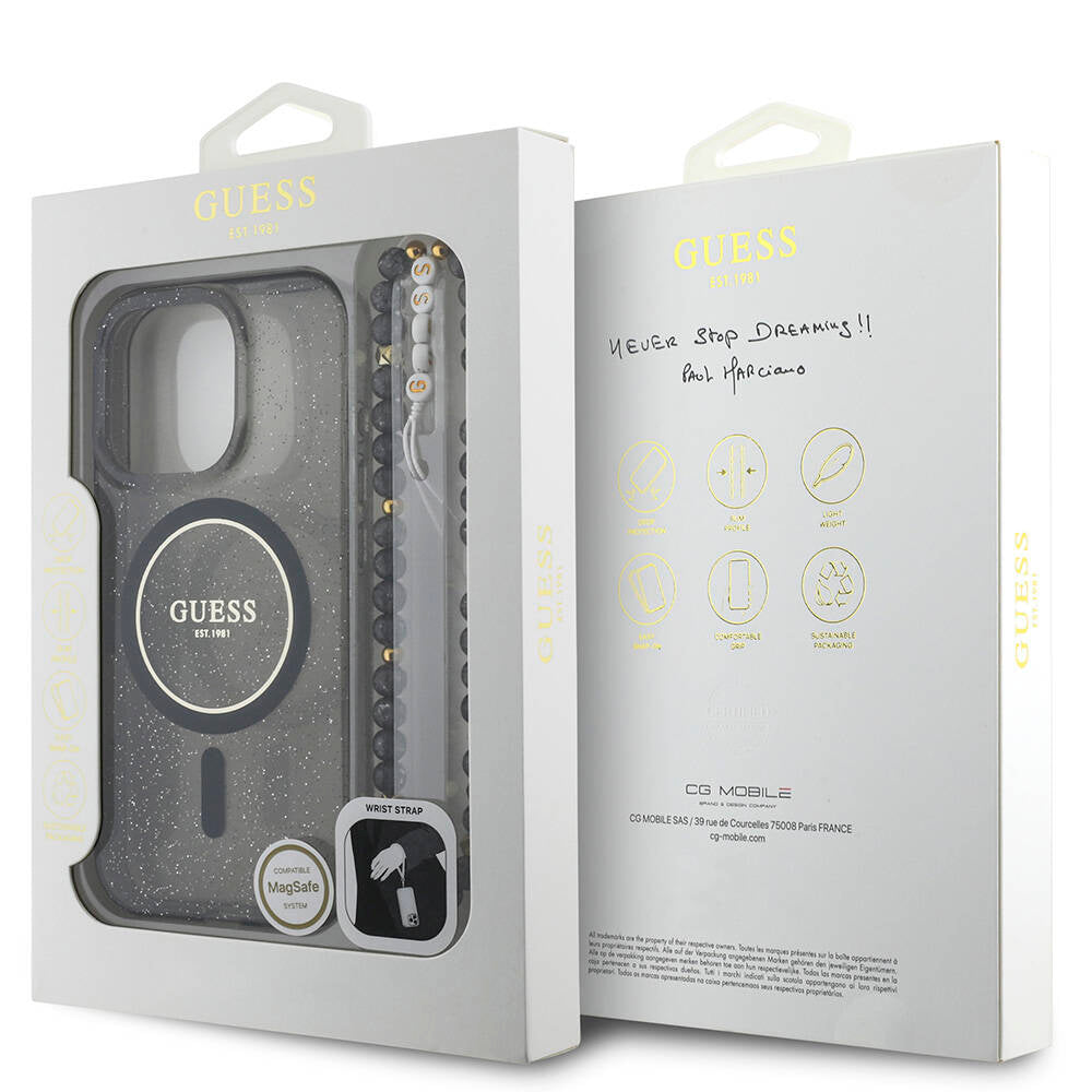 iPhone 16 Pro Max Kılıf Guess Orjinal Lisanslı M-safe Şarj Özellikli Simli Silikon İnci Bileklikli Kapak