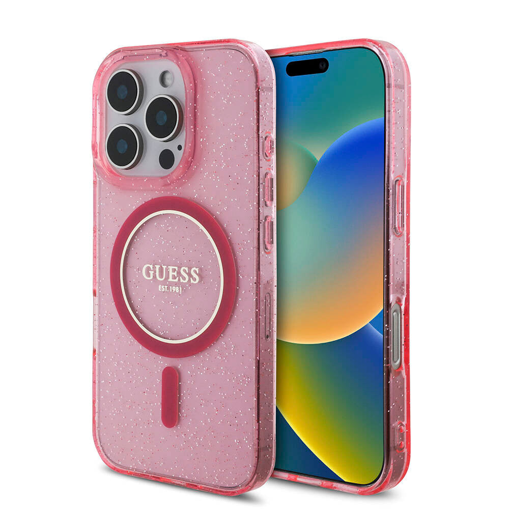 iPhone 16 Pro Max Kılıf Guess Orjinal Lisanslı M-safe Şarj Özellikli Simli Silikon İnci Bileklikli Kapak
