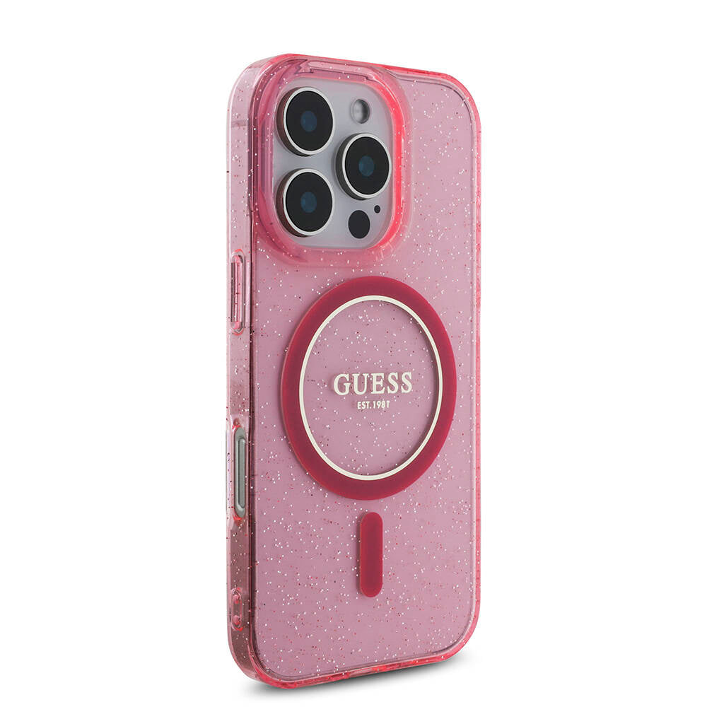iPhone 16 Pro Max Kılıf Guess Orjinal Lisanslı M-safe Şarj Özellikli Simli Silikon İnci Bileklikli Kapak