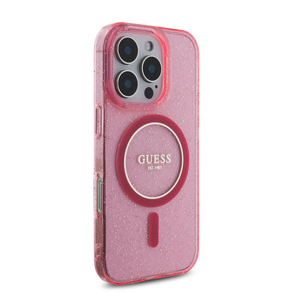 iPhone 16 Pro Max Kılıf Guess Orjinal Lisanslı M-safe Şarj Özellikli Simli Silikon İnci Bileklikli Kapak