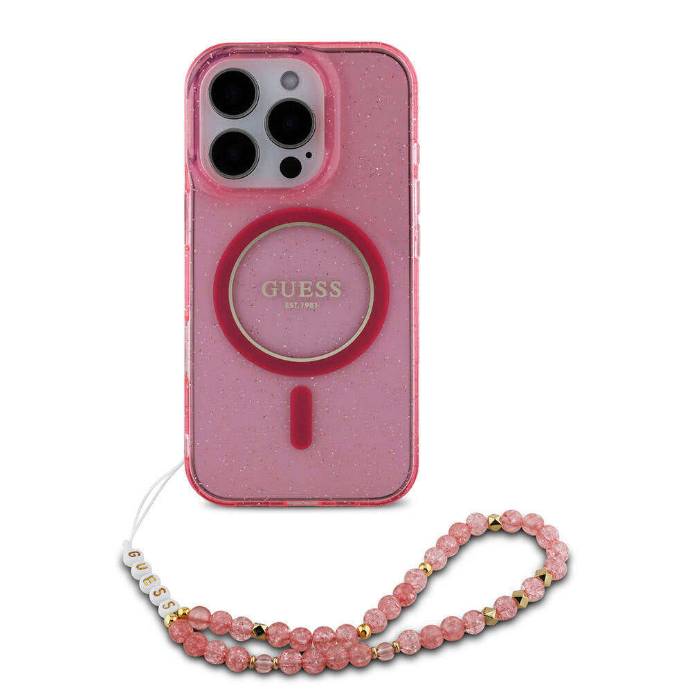 iPhone 16 Pro Max Kılıf Guess Orjinal Lisanslı M-safe Şarj Özellikli Simli Silikon İnci Bileklikli Kapak