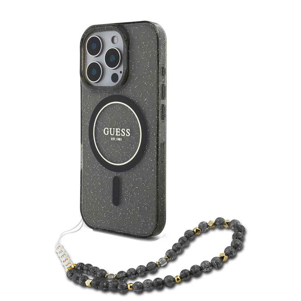 iPhone 16 Pro Max Kılıf Guess Orjinal Lisanslı M-safe Şarj Özellikli Simli Silikon İnci Bileklikli Kapak