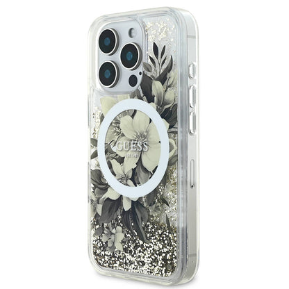 iPhone 16 Pro Max Kılıf Guess Orjinal Lisanslı M-safe Şarj Özellikli Sıvılı Simli Çiçek Desenli Kapak