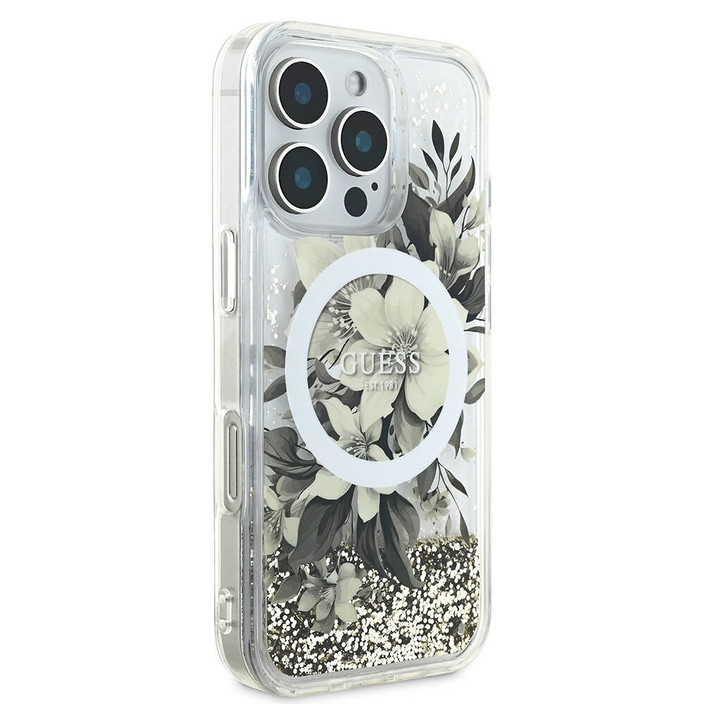 iPhone 16 Pro Max Kılıf Guess Orjinal Lisanslı M-safe Şarj Özellikli Sıvılı Simli Çiçek Desenli Kapak