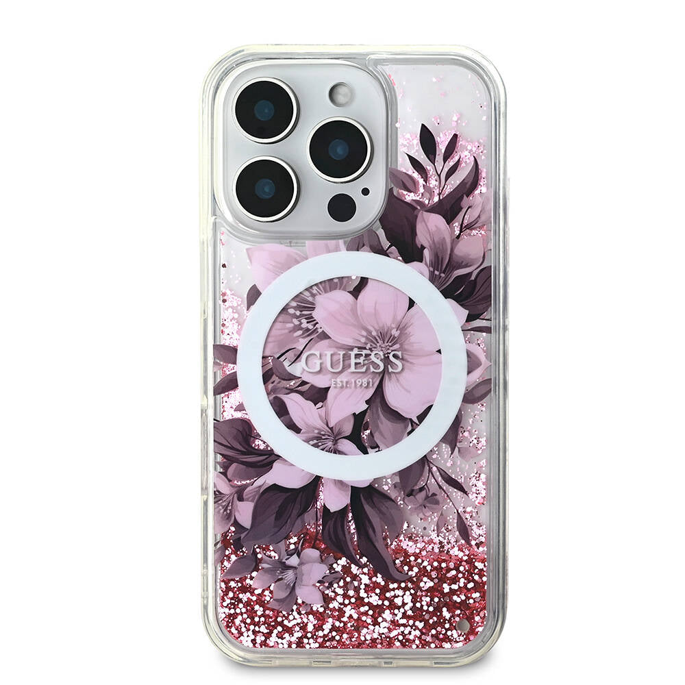 iPhone 16 Pro Max Kılıf Guess Orjinal Lisanslı M-safe Şarj Özellikli Sıvılı Simli Çiçek Desenli Kapak