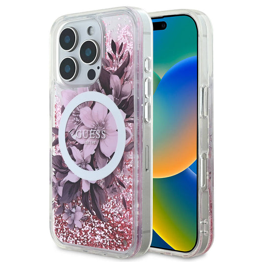 iPhone 16 Pro Max Kılıf Guess Orjinal Lisanslı M-safe Şarj Özellikli Sıvılı Simli Çiçek Desenli Kapak