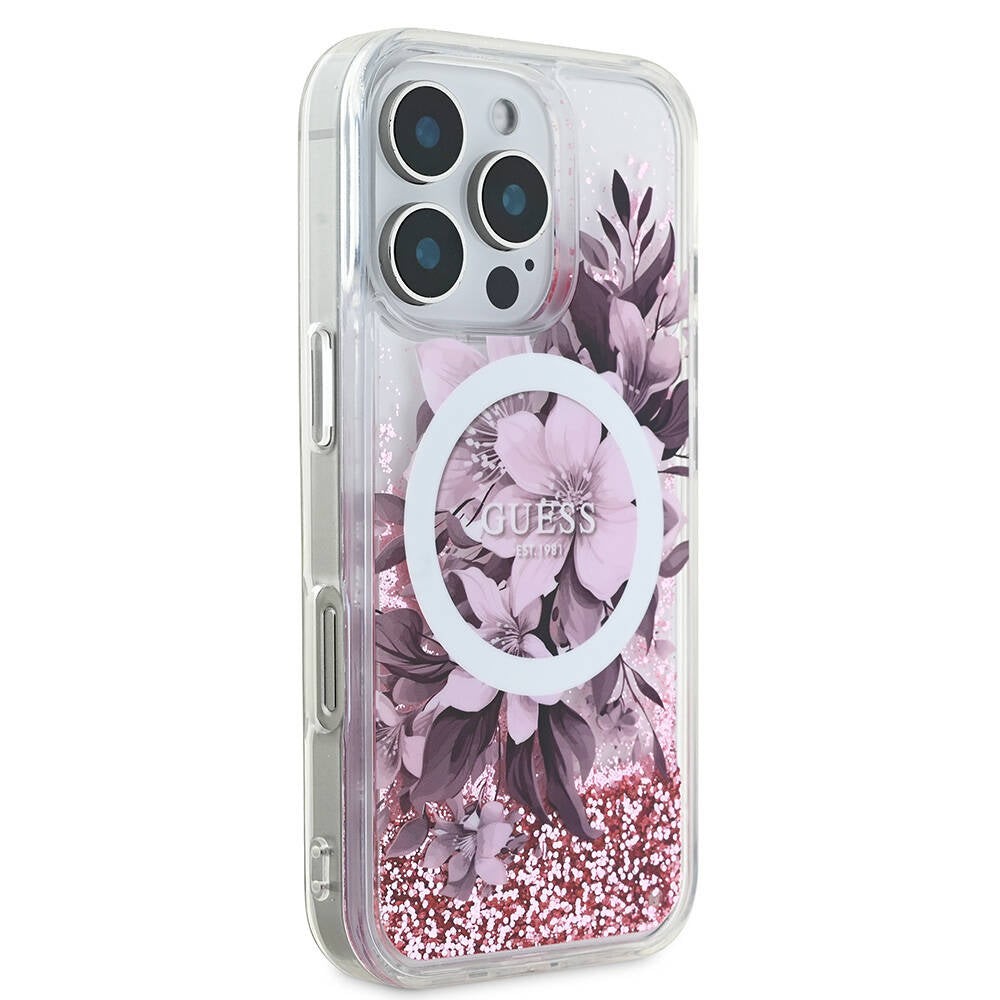iPhone 16 Pro Max Kılıf Guess Orjinal Lisanslı M-safe Şarj Özellikli Sıvılı Simli Çiçek Desenli Kapak