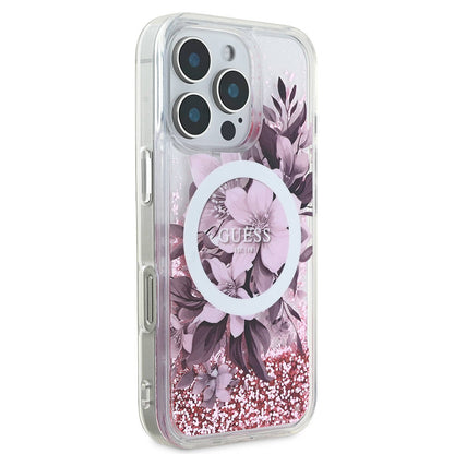 iPhone 16 Pro Max Kılıf Guess Orjinal Lisanslı M-safe Şarj Özellikli Sıvılı Simli Çiçek Desenli Kapak