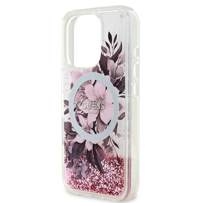 iPhone 16 Pro Max Kılıf Guess Orjinal Lisanslı M-safe Şarj Özellikli Sıvılı Simli Çiçek Desenli Kapak