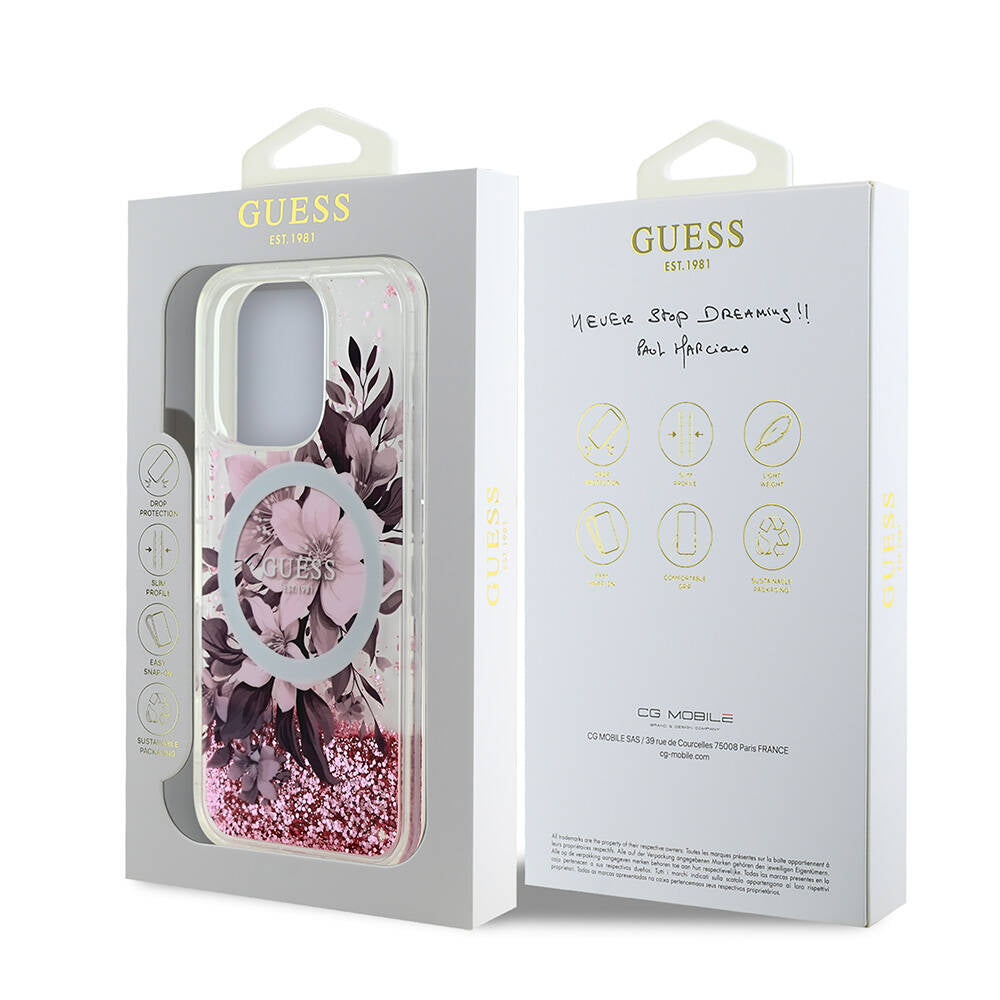 iPhone 16 Pro Max Kılıf Guess Orjinal Lisanslı M-safe Şarj Özellikli Sıvılı Simli Çiçek Desenli Kapak