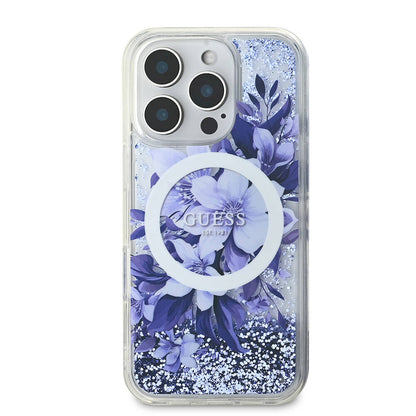 iPhone 16 Pro Max Kılıf Guess Orjinal Lisanslı M-safe Şarj Özellikli Sıvılı Simli Çiçek Desenli Kapak