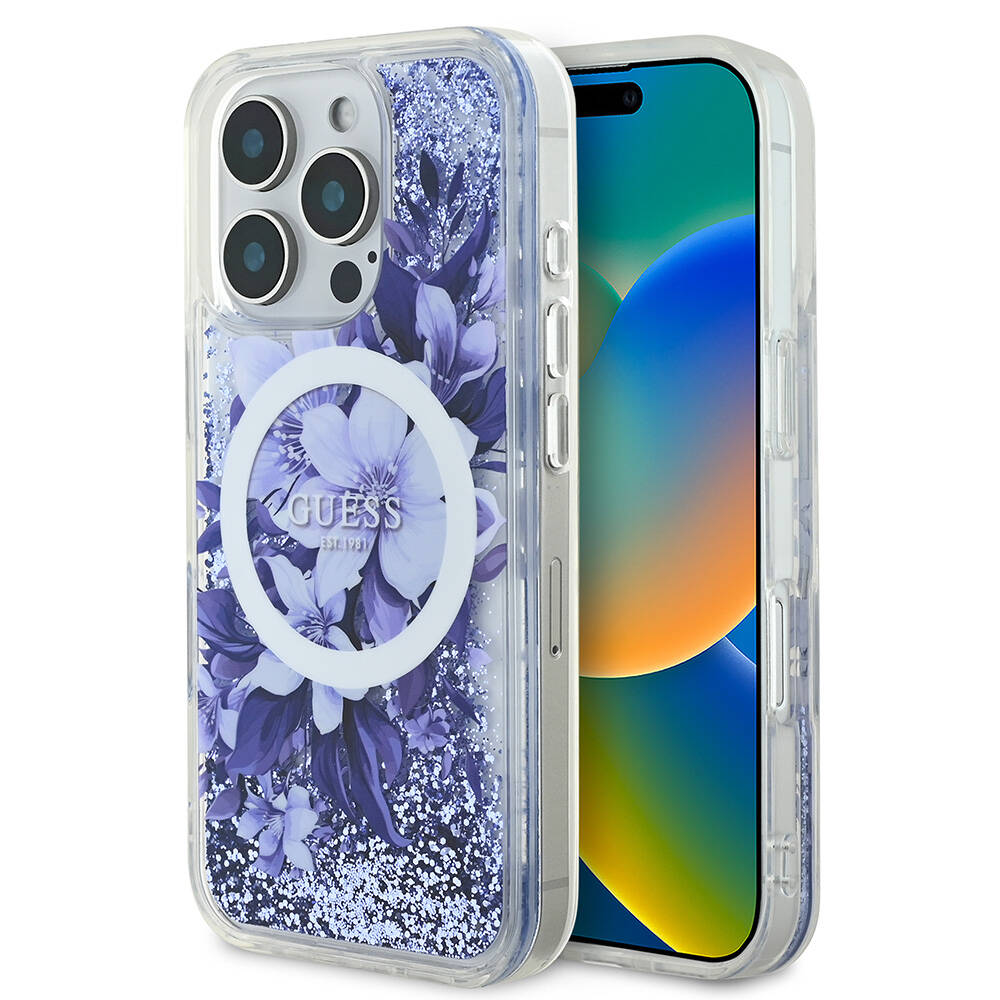 iPhone 16 Pro Max Kılıf Guess Orjinal Lisanslı M-safe Şarj Özellikli Sıvılı Simli Çiçek Desenli Kapak