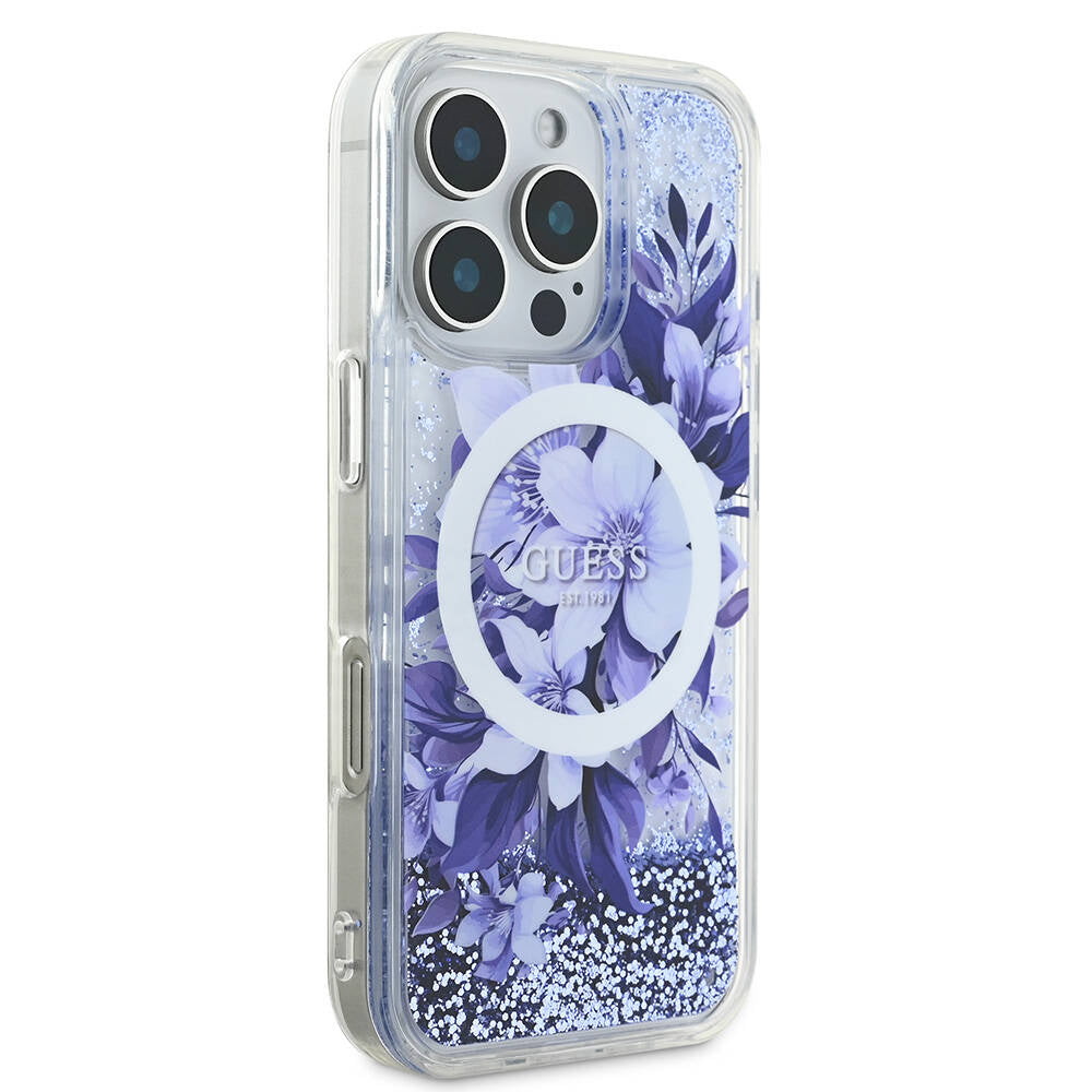 iPhone 16 Pro Max Kılıf Guess Orjinal Lisanslı M-safe Şarj Özellikli Sıvılı Simli Çiçek Desenli Kapak