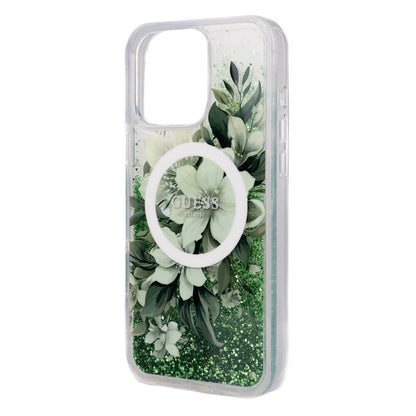 iPhone 16 Pro Max Kılıf Guess Orjinal Lisanslı M-safe Şarj Özellikli Sıvılı Simli Çiçek Desenli Kapak