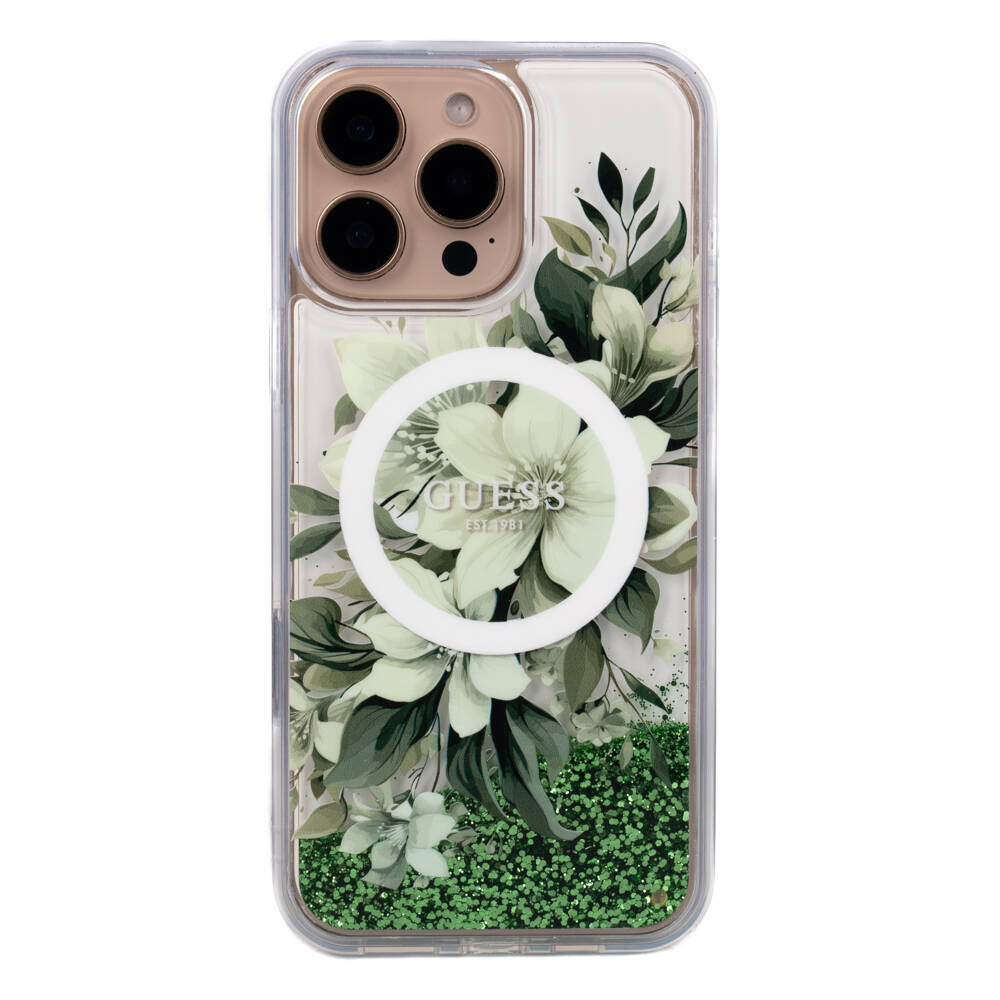iPhone 16 Pro Max Kılıf Guess Orjinal Lisanslı M-safe Şarj Özellikli Sıvılı Simli Çiçek Desenli Kapak