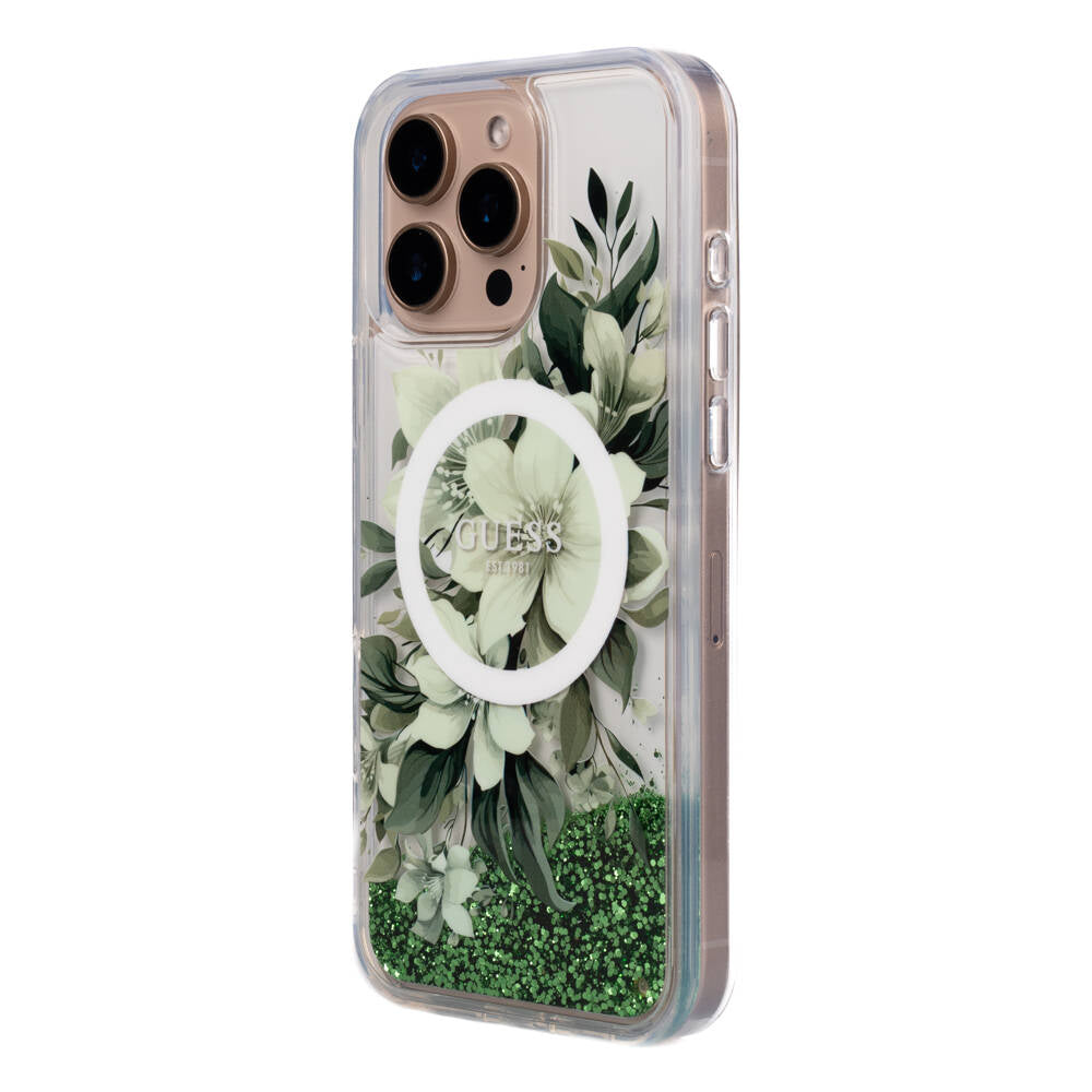 iPhone 16 Pro Max Kılıf Guess Orjinal Lisanslı M-safe Şarj Özellikli Sıvılı Simli Çiçek Desenli Kapak