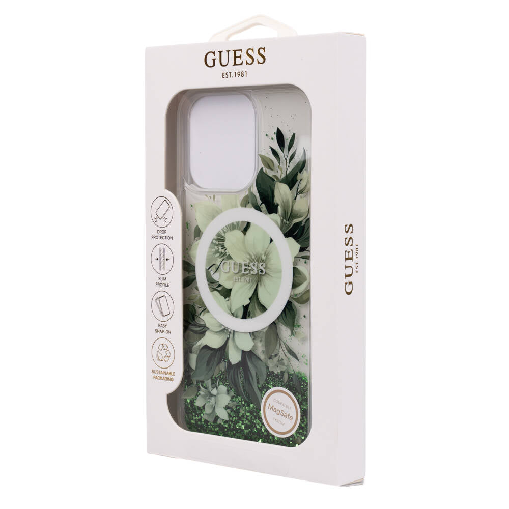 iPhone 16 Pro Max Kılıf Guess Orjinal Lisanslı M-safe Şarj Özellikli Sıvılı Simli Çiçek Desenli Kapak