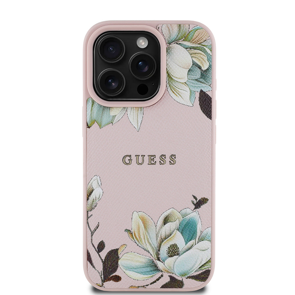 iPhone 16 Pro Max Kılıf Guess Orjinal Lisanslı M-safe Şarj Özellikli Taneli Çiçek Tasarımlı Metal Yazı Logolu Kapak