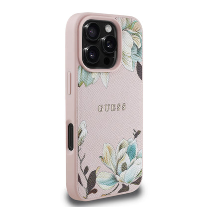 iPhone 16 Pro Max Kılıf Guess Orjinal Lisanslı M-safe Şarj Özellikli Taneli Çiçek Tasarımlı Metal Yazı Logolu Kapak