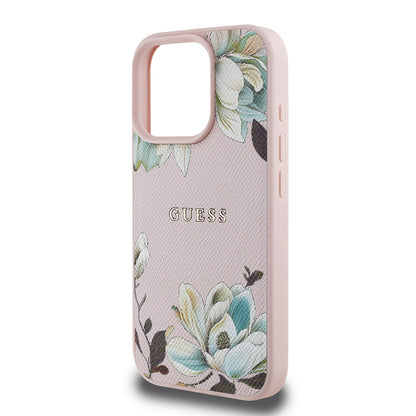 iPhone 16 Pro Max Kılıf Guess Orjinal Lisanslı M-safe Şarj Özellikli Taneli Çiçek Tasarımlı Metal Yazı Logolu Kapak