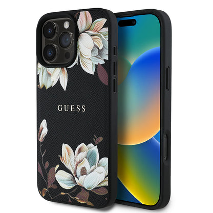 iPhone 16 Pro Max Kılıf Guess Orjinal Lisanslı M-safe Şarj Özellikli Taneli Çiçek Tasarımlı Metal Yazı Logolu Kapak
