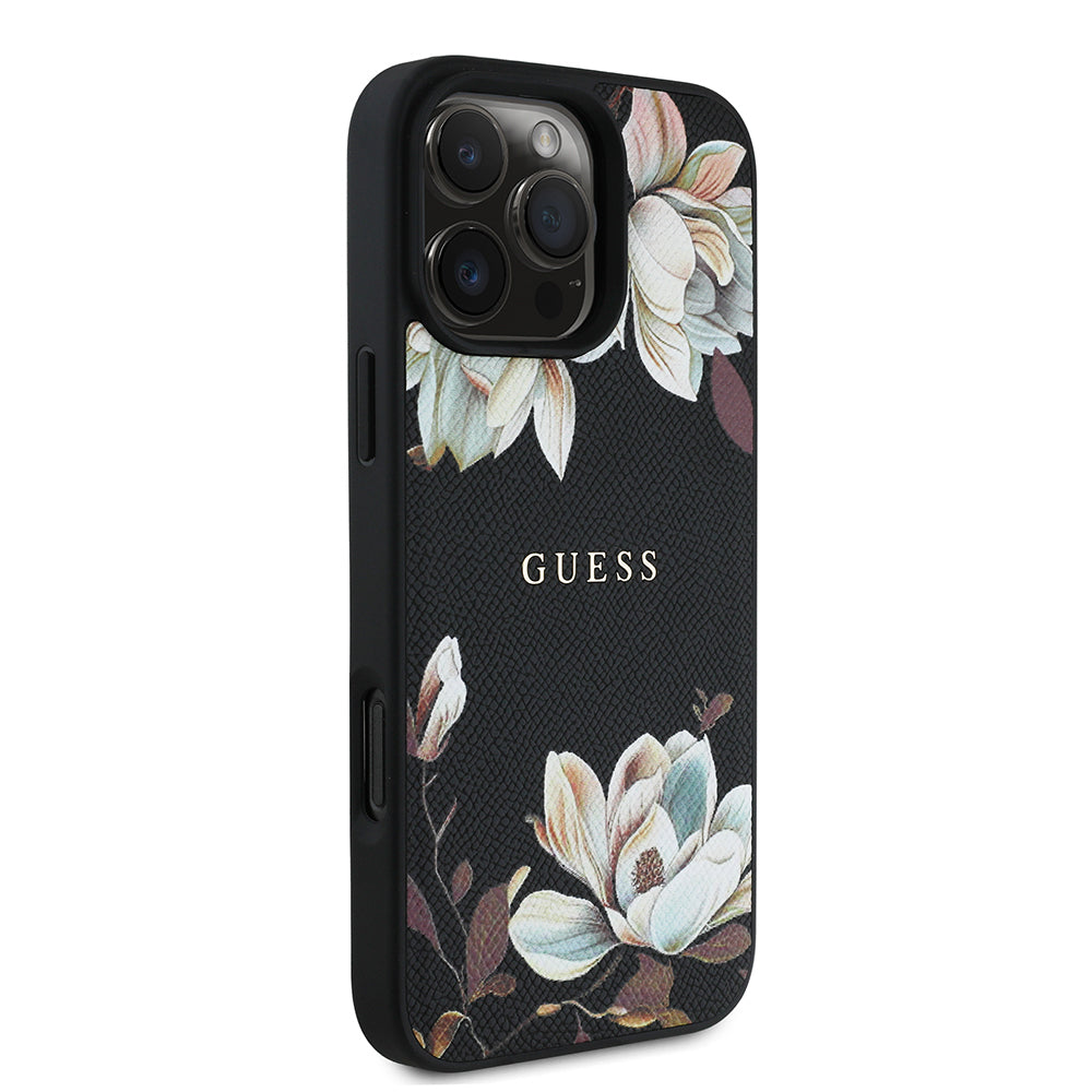 iPhone 16 Pro Max Kılıf Guess Orjinal Lisanslı M-safe Şarj Özellikli Taneli Çiçek Tasarımlı Metal Yazı Logolu Kapak