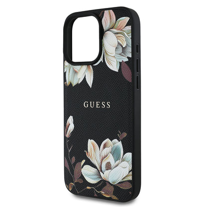 iPhone 16 Pro Max Kılıf Guess Orjinal Lisanslı M-safe Şarj Özellikli Taneli Çiçek Tasarımlı Metal Yazı Logolu Kapak