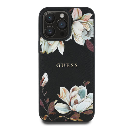 iPhone 16 Pro Max Kılıf Guess Orjinal Lisanslı M-safe Şarj Özellikli Taneli Çiçek Tasarımlı Metal Yazı Logolu Kapak