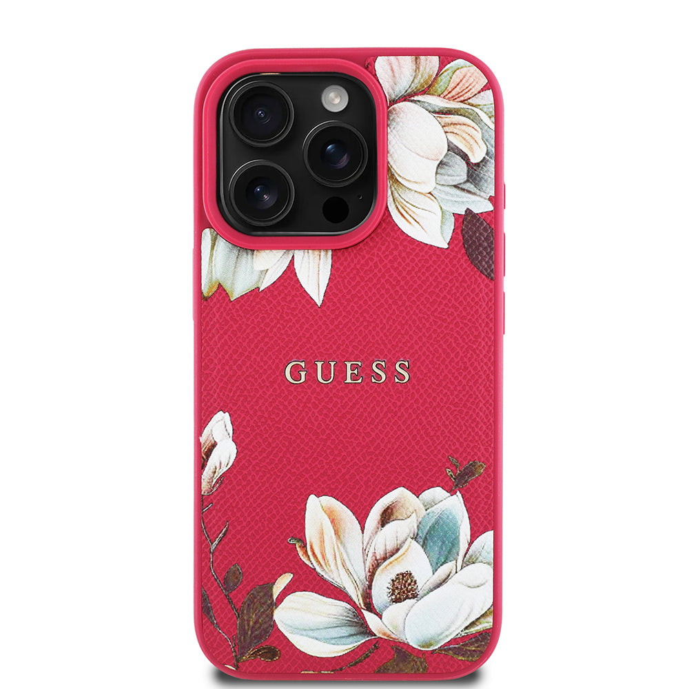 iPhone 16 Pro Max Kılıf Guess Orjinal Lisanslı M-safe Şarj Özellikli Taneli Çiçek Tasarımlı Metal Yazı Logolu Kapak