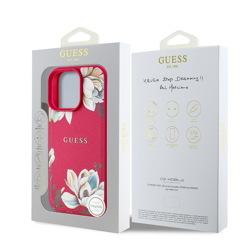iPhone 16 Pro Max Kılıf Guess Orjinal Lisanslı M-safe Şarj Özellikli Taneli Çiçek Tasarımlı Metal Yazı Logolu Kapak