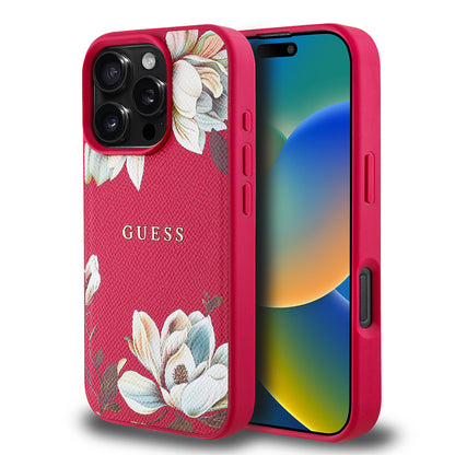 iPhone 16 Pro Max Kılıf Guess Orjinal Lisanslı M-safe Şarj Özellikli Taneli Çiçek Tasarımlı Metal Yazı Logolu Kapak