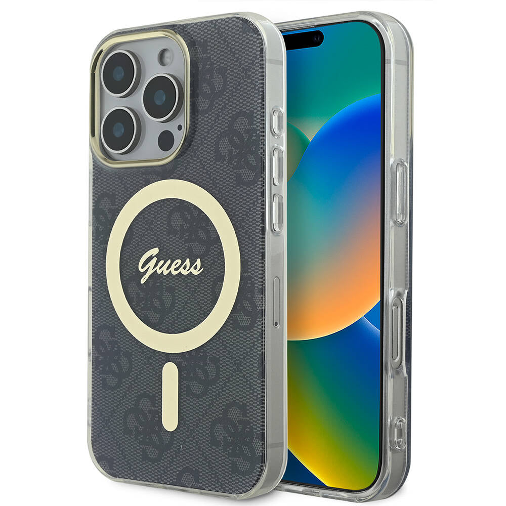 iPhone 16 Pro Max Kılıf Guess Orjinal Lisanslı M-safe Şarj Özellikli Yazı Logolu 4G Desenli Kapak