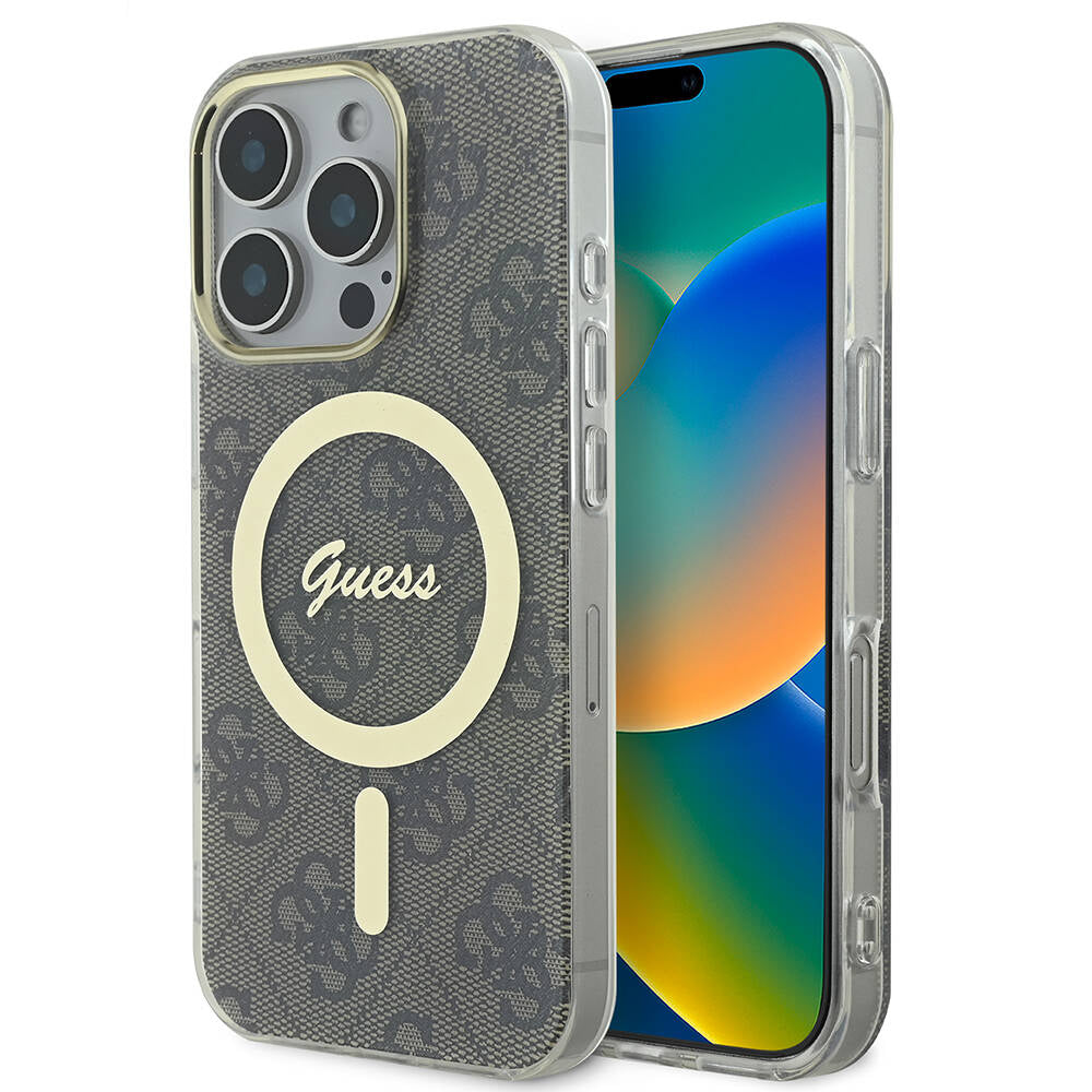 iPhone 16 Pro Max Kılıf Guess Orjinal Lisanslı M-safe Şarj Özellikli Yazı Logolu 4G Desenli Kapak