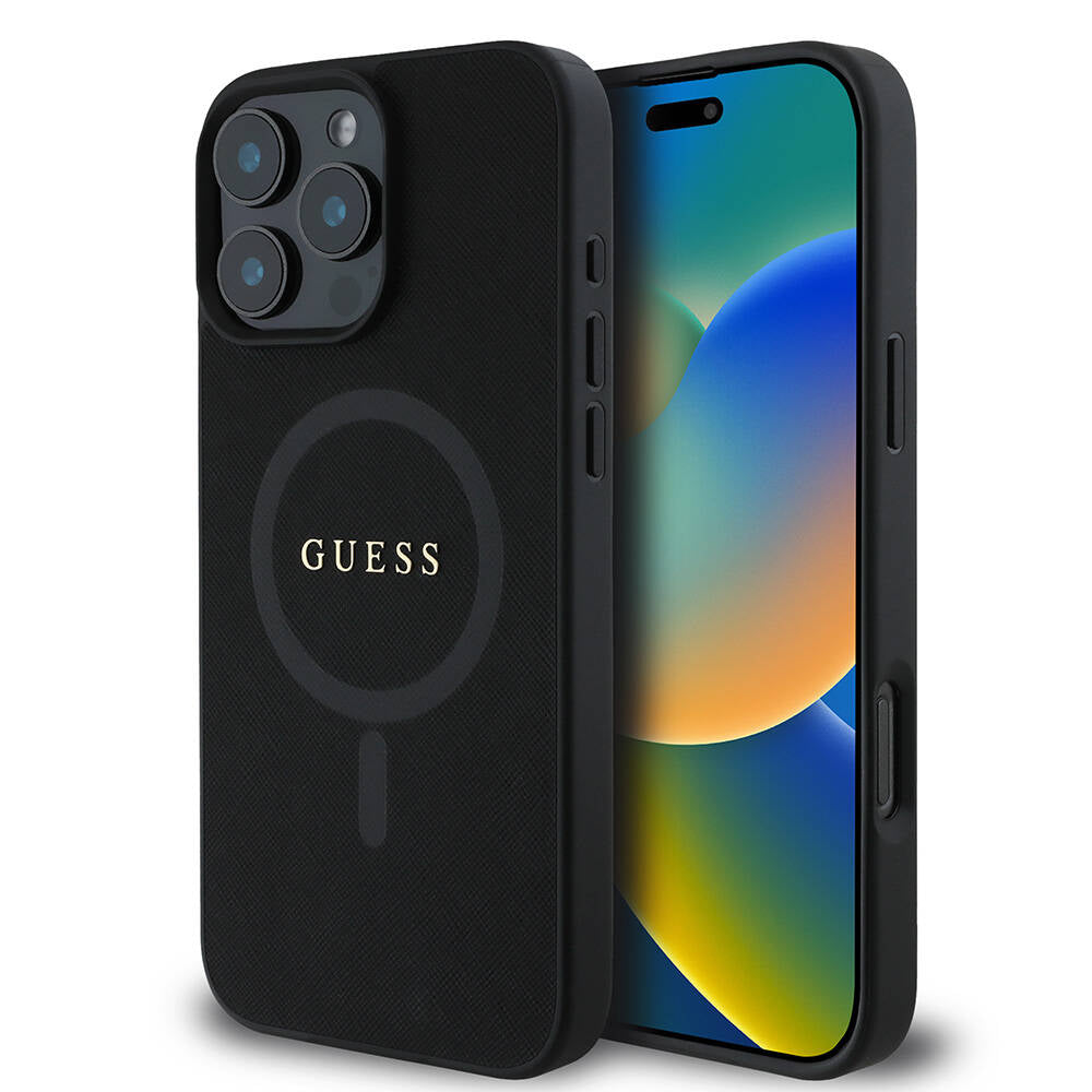 iPhone 16 Pro Max Kılıf Guess Orjinal Lisanslı M-safe Şarj Özellikli Yazı Logolu Saffiano Classic Kapak