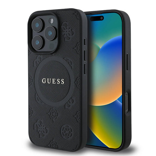 iPhone 16 Pro Max Kılıf Guess Orjinal Lisanslı M-safe Şarj Özellikli Yazı Logolu Saffiano Peony Kapak